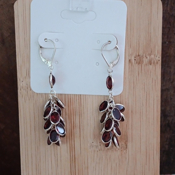 Silver Tone Synthetic Garnet Oval Cab Bezel Set Earrings - Picture 3 of 5